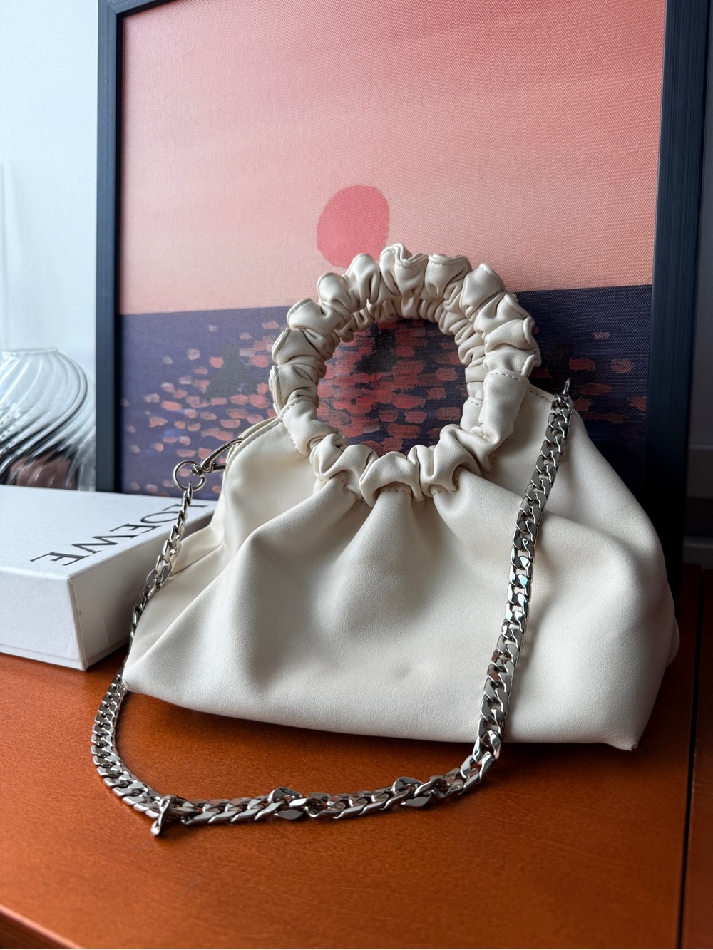 Verafied New York Cloud Ruched Cream Shoulder Bag with Detachable Silver Chain